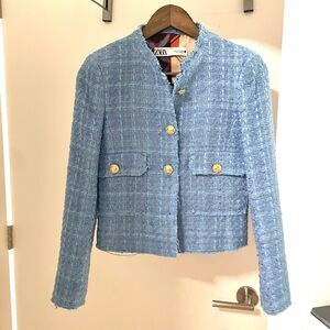 Zara Blue Blazer Tweed-Style Cropped Jacket